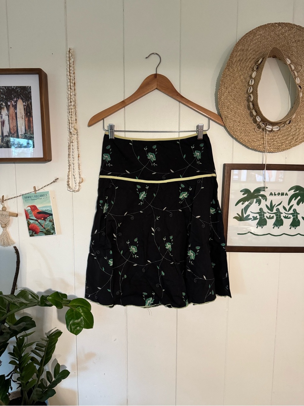 Black Floral A-Line Skirt with Green leaf embroidery Motif